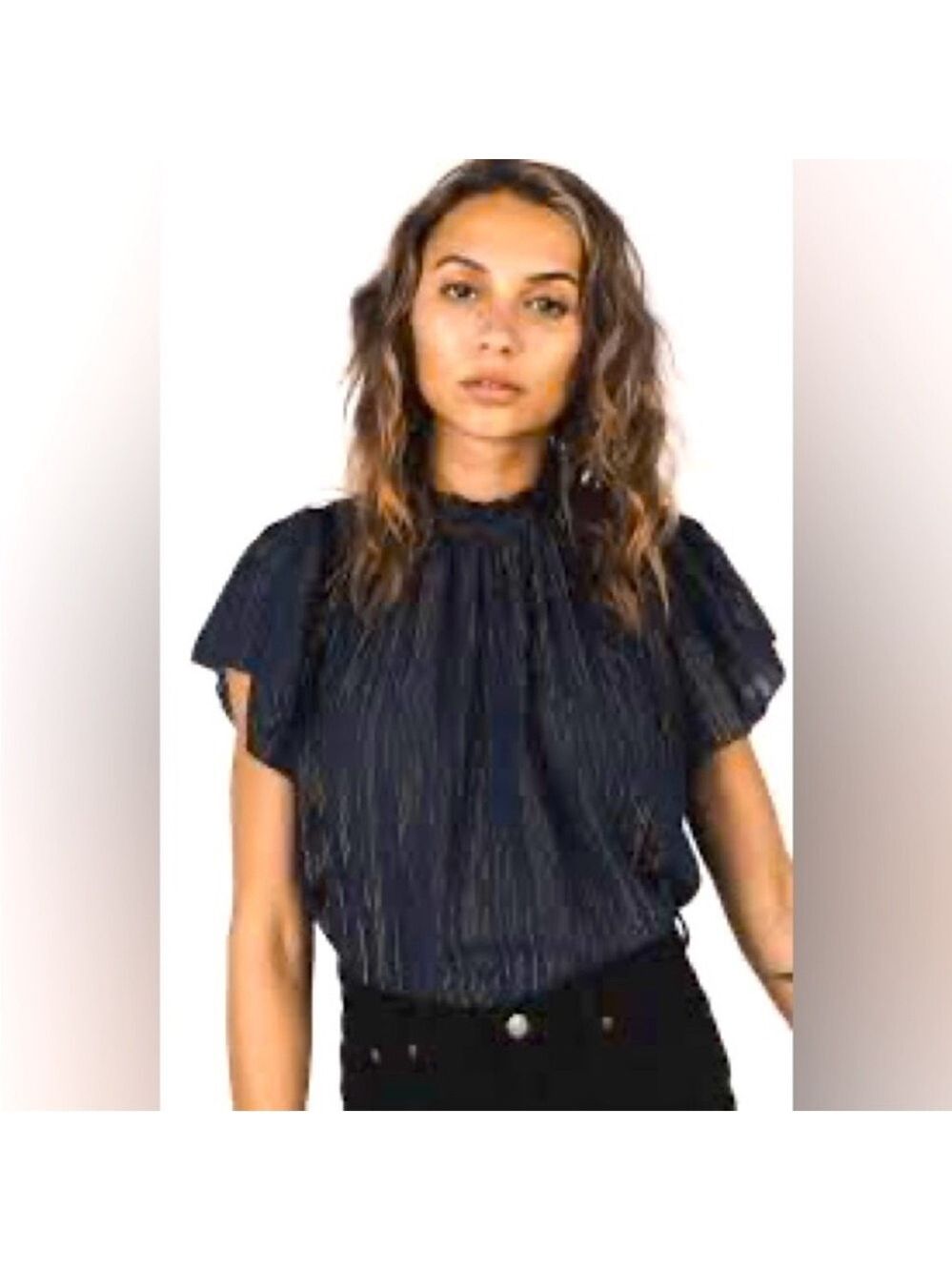 Trovata Birds of Paradise Carla High Neck Navy Gold Metallic Pleated Top Size XS